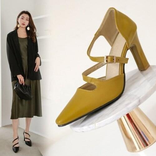 Square Heel Sandals Patent Leather Buckle Strap High Heels Pointed Toe Ladies Zapatos De Mujer Metal Decor Summer Shoes Woman