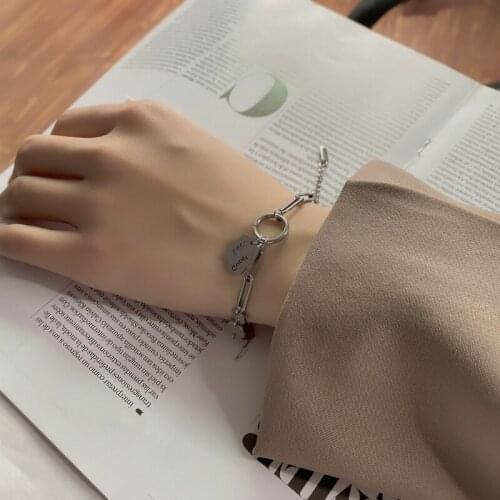 QiLuxy Stainless Steel Link Bracelets Square Letter Sequins Charm Bracelets for Women Fashion Punk Jewelry Gift