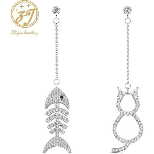 Zhijia Brand Jewelry Creative Unique Different Cat&Fish Crystal Rhinestone Stud Earrings For Women Valentines Day Gifts