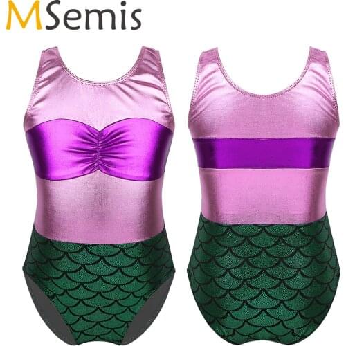 MSemis Kids Girls Metallic Ruched Chest Mermaid Tutu Ballet Professional Gymnastics Leotard Bodysuit Contemporary Dance Costumes