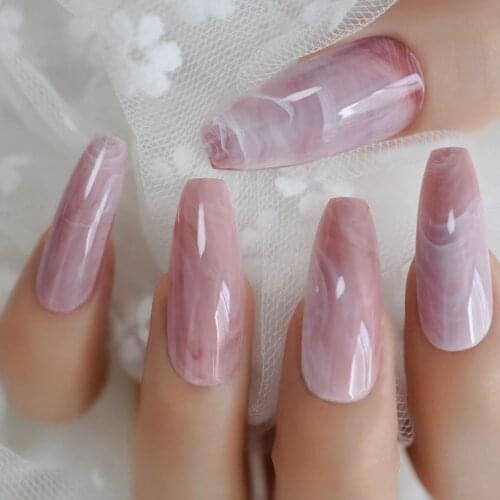 Long Coffin Nails Pink Marble Extra Long Glossy Stone Pattern Ballerina Nail Tips Fashion Pre-designed Nail with Glue Tabs
