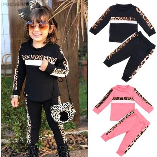 FOCUSNORM 1-6Y Autumn Kids Girls Clothes Sets Leopard Print Long Sleeve Pullover Sweatshirt Tops Pants 2 Colors