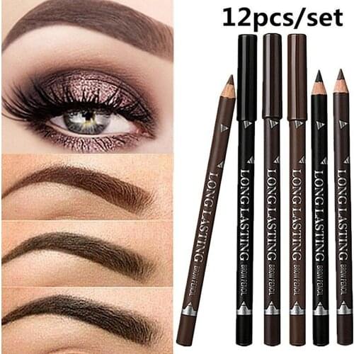 2021 New Hot Sale 12pcs Waterproof Eye Brow Pencil Black Brown Eyebrow Pen Long Lasting Makeup