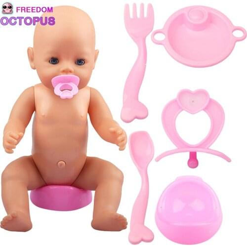 Doll Tableware Milk Bottle + Spoon + Pacifier + Dinner Plate + Stool Simulation 5-Piece Set Accessories For 43cm Baby Dolls