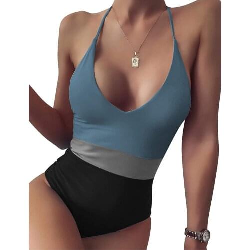 Swimwear Women Solid Color One-piece Swimsuit Deep V Sexy Buckle Design Bikini Swimming Suit For Women Bikini 2021 Mujer Biquini