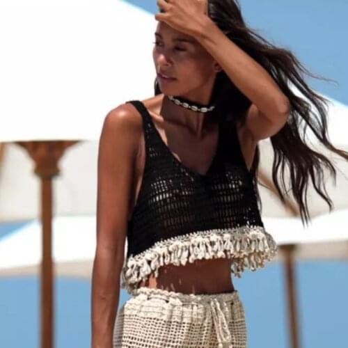 Summer Womens Crochet Shell Tassel Bikini Hollow Out Sleeveless Loose T-Shirts Swimwear Ladies Solid Crop Top Beachwear Bathing