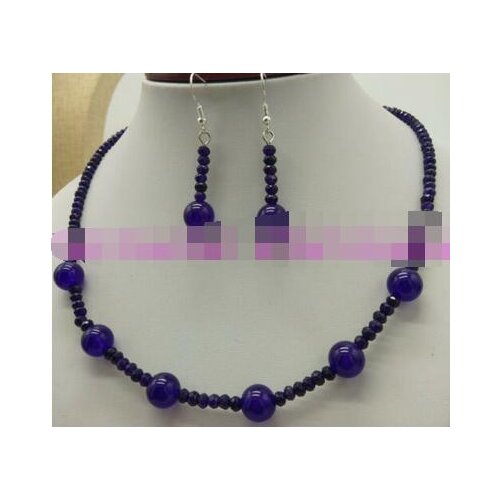 Genuine 2x4mm Natural Amethyst & 10mm Jade Round Beads Necklace Earrings Set 18"