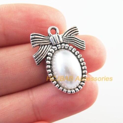 New 12Pcs Tibetan Silver Tone Retro Knot Oval White Acrylic Charms Pendants 19.5x25mm