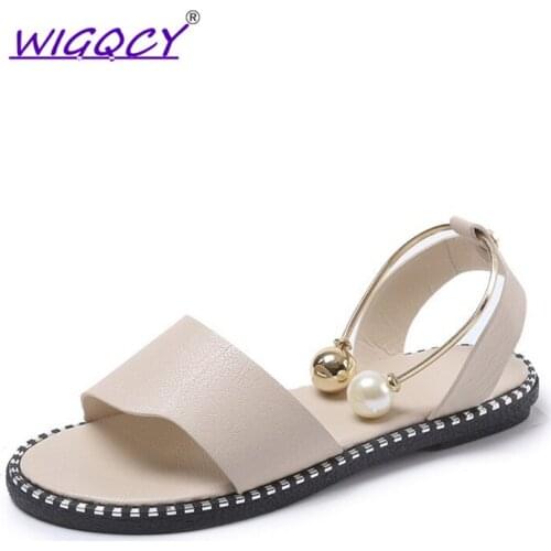 Open toe flat sandals women 2019 summer shoes women Fashion Concise Pearl Buckle Shallow Slip-On Sweet Student female shoes