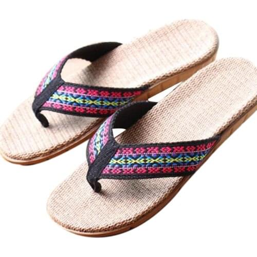 Womens Summer Linen Slippers Indoor Embroidered House Flax Slippers Beach Flip Flops Women Slides Flat Sandals Hotel Home Shoes