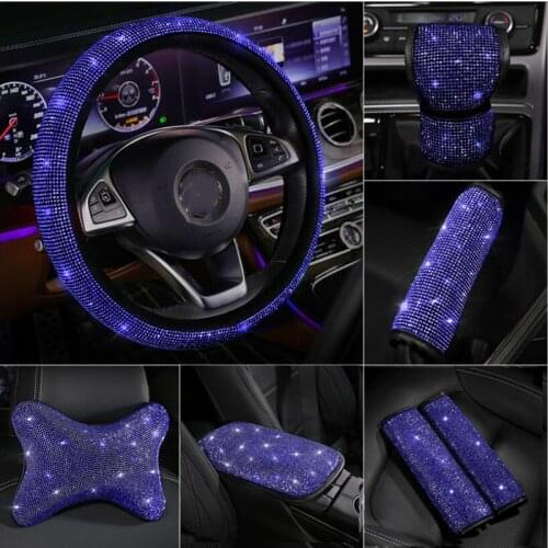 Blue Hot Drilling Rhinestones Car Steering Wheel Cover Headrest Pillow Handbrake Cover Gear Shift Collars Car Interior Accessori