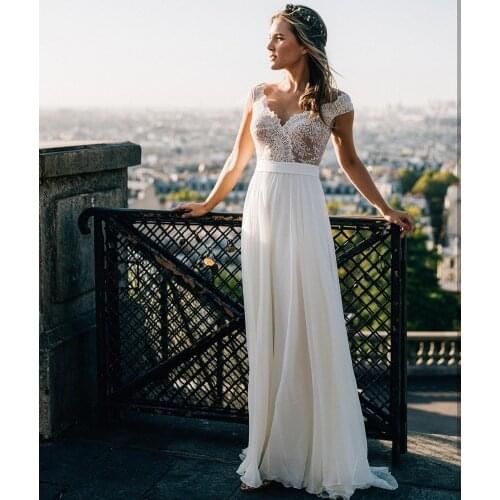 Boho Wedding Dress 2021 Vintage Soft Chiffon Lace A-Line Simple Beach Cap Sleeve Floor Length Bridal Gown robe de mariage