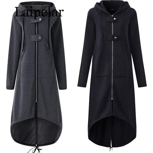 Laipelar Fashion Long Sleeve Hooded Trench Coat 2019 Autumn Black Zipper Plus Size 5XL Velvet Long Coat Women Overcoat Clothes