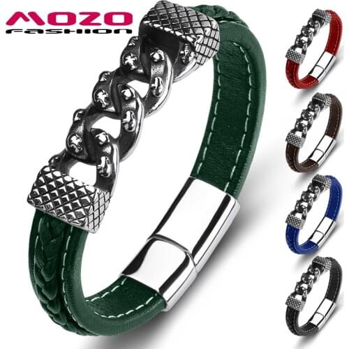 Unisex Charm Bracele Retro Bangles For Men and Women Genuine Leather Stainless Steel Clasp Green Hot Sale Fashion Jewellry