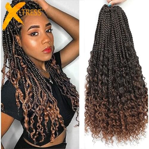 X-TRESS Synthetic Crochet Braiding Hair Extensions For Black Women Ombre Brown Goddess Bohemian Box Braid Dreadlocks Curly End