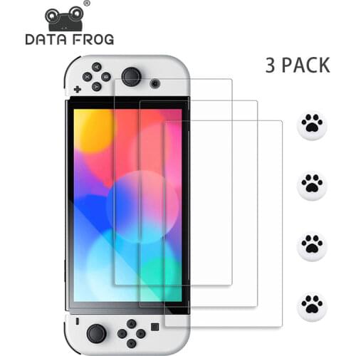 DATA FROG 3PCS Tempered Glass Screen Protector For Nintendo Switch OLED 9H Untra Slim Film With Anti-slip Silicone For NS OLED