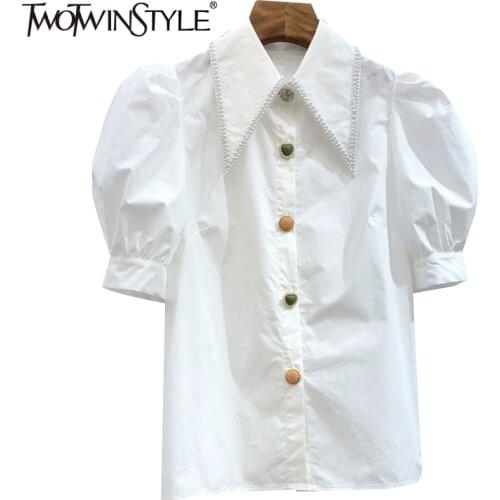 TWOTWINSTYLE Casual Patchwork Pearl Shirt For Women Lapel Short Sleeve Elegant Blouse Female Fashion New Clothing 2021 Stylish