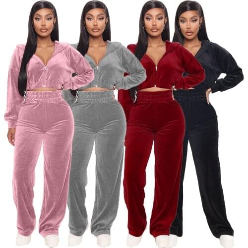 FNOCE 2020 autumn womens sets tracksuits young fashion solid Korean Velvet hooded long sleeve Zipper tops Pants 2-pc set suits