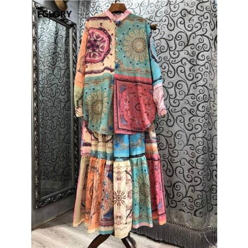High Quality Womens Set 2021 Spring Fashion 2 pc Set Ladies Vintage Print Sexy Front Short Back Long Shirts+Maxi Gown Skirt Set