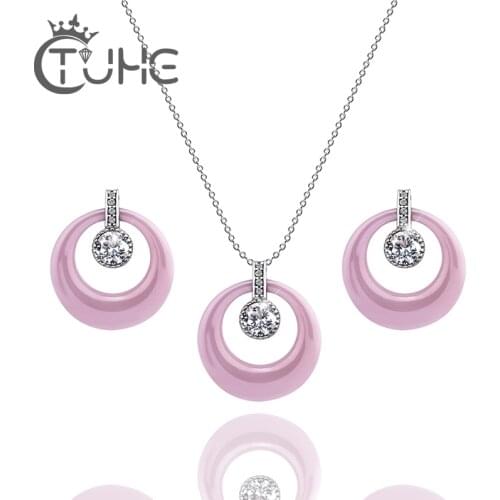 2017 Lady Pink Ceramic Jewelry Sets With Big Carat Crystal Healthy Material Necklace Earrings Set with Long Free Chain for Women