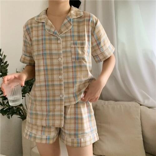 Casual plaid summer pajamas set women sleepwear short sleeve top shorts home suit 2pcs colorful patchwork loose pyjamas Y016