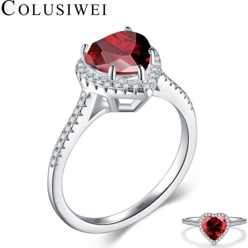 COLUSIWEI 925 Sterling Silver Red Crystal Sweet Love Heart Rings For Women Wedding Engagement Statement Jewelry Valentines Gift