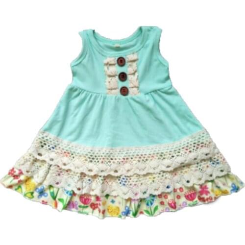 Fashion button dress baby girls sky blue lace dresses for children kids boutique summer toddler frocks