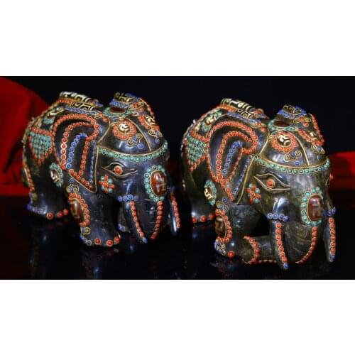 8" Tibet Buddhism natural Meteorite Filigree Gem Dzi Bead Elephant statue A pair Gatekeeper Ward off evil spirits Town House