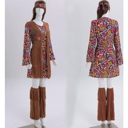 FREE PP NEW 2017 Fashion Ladies 60s 70s Retro Hippie Go Go Girl Disco Costume Fancy Dress Print Hen Xmas Party Costume Costume