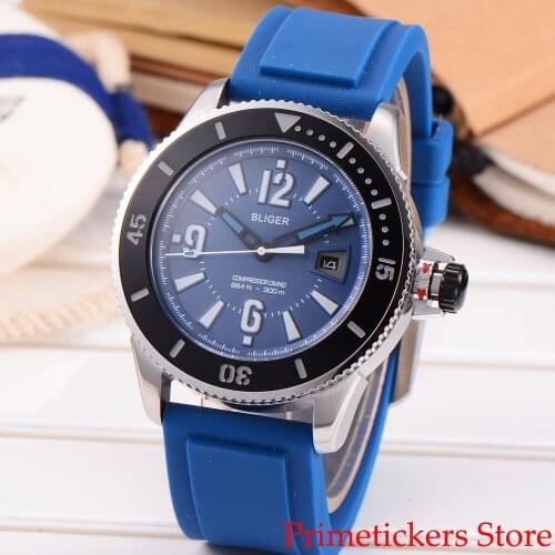 Bliger 43mm blue dial black bezel luminous marks date rubber strap automatic movement mens watch