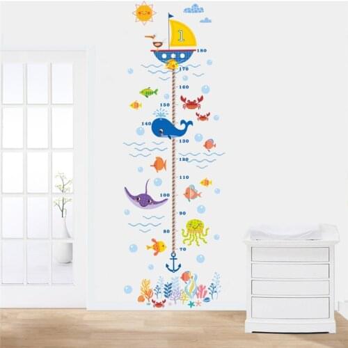 Kid Rooms Growth Measure Cute Cartoon Whale Octopus Crab Children Height Ruler Wall Sticker Self-adhesive Nursery Room Wallpaper