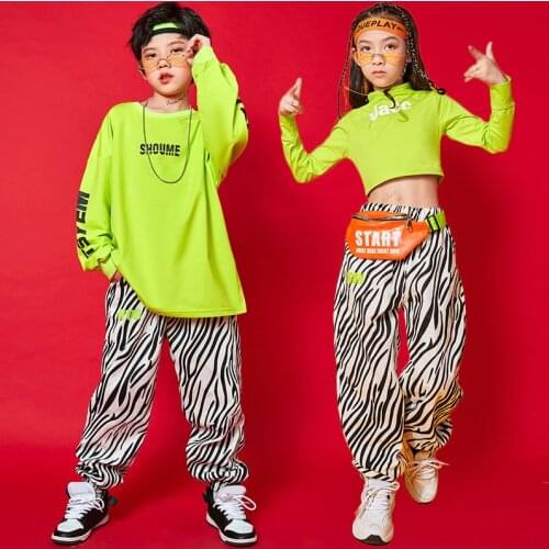For 10 12 14 16 Y Boys Girls Ballroom Outfits Hip Hop Clothing Green Crop Tops Running Zebra Pants for Girls Jazz Dance Costumes