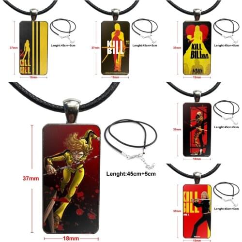 For Girls Gift Movie Kill Bill Jewelry With Stainless Steel Plated Glass Cabochon Choker Long Pendant Rectangle Necklace