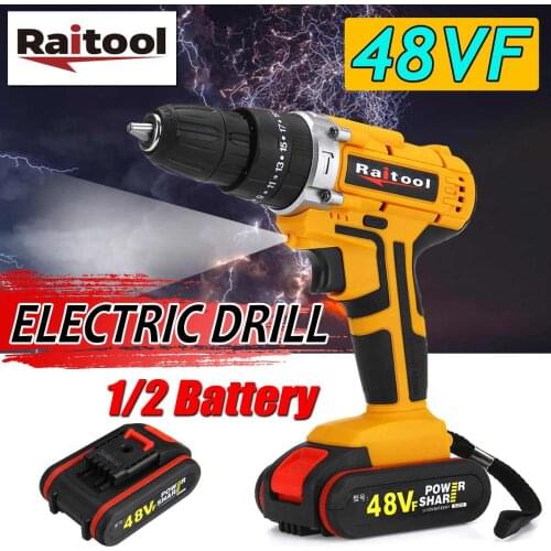Raitool 48VF Electric Drill Cordless Drill Electric Screwdriver Wireless Power Driver DC Lithium-Ion Battery with LED Light