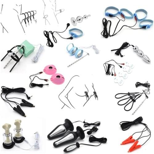 Electric Shock Pulse Anal Plug Electro Penis Plug Rings Glove Stimulation Breast Pads Massage Cock Cage Nipple Clamps Sex Toys
