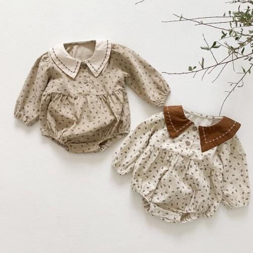 FOCUSNORM 2 Colors Infant Baby Girls Sweet Rompers 0-24M Flowers Printed Long Sleeve Peter Pan Collar Jumpsuits