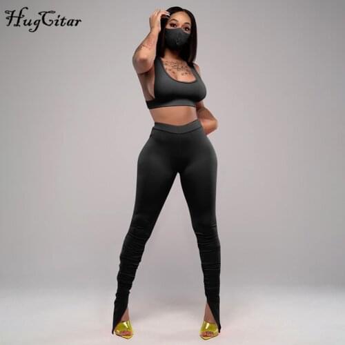 Hugcitar 2020 Sleeveless Solid Backless Bra Top Cut Out Stacked Leggings 2 Pieces Set Autumn Winter Women Solid Tracksuit