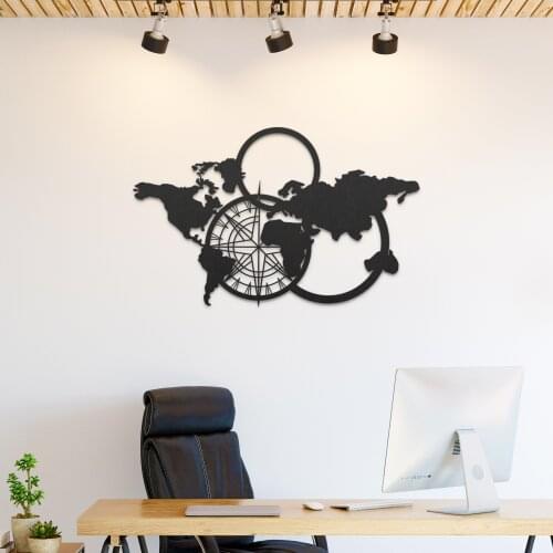 World Map with Compass (67*42 cm) Metal Black Decor Wall Art Decorative Large Wall Study Room Living Room Office Home Decoration