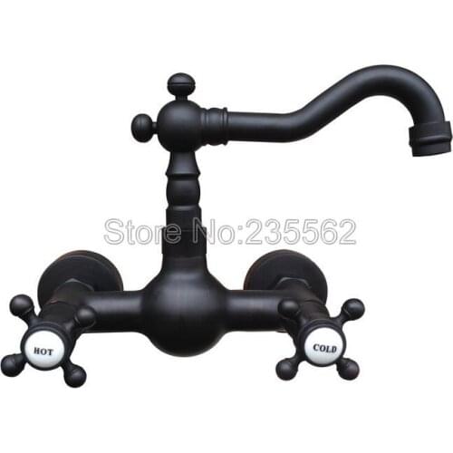 Classic Black Oil Rubbed Brass Wall Mounted Bathroom Basin Faucet Swivel Spout Vessel Sink Mixer Taps Dual Cross Handle lnf524
