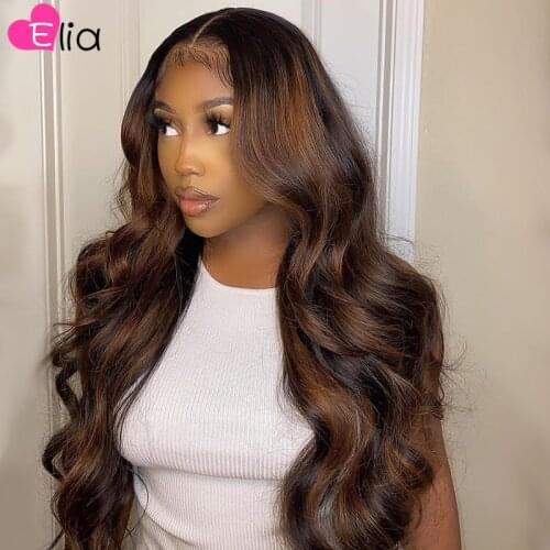 Elia Colored Honey Highlights Lace Frontal Wig 4x4 Closure Wig Body Wave Brazilia Human Hair Wig Pre Plucked Wig For Black Women