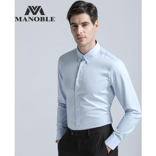 Mens Dress Shirt 2019 Brands New Fashion Regular Fit Shirts Business Long Sleeve with Cufflink Collar Button Solid Color Blue