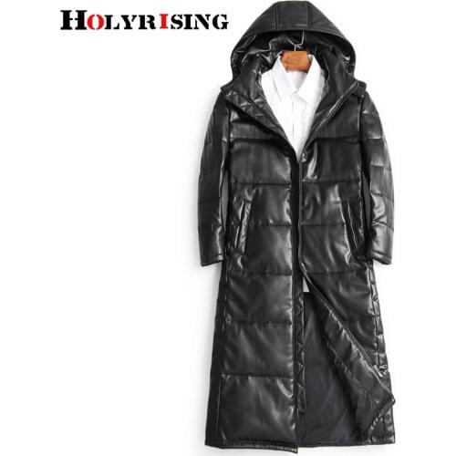 Mens 100% real sheepskin leather Jacket long White duck dow jacket hooded leather trench coat thick warm mens clothing 19429