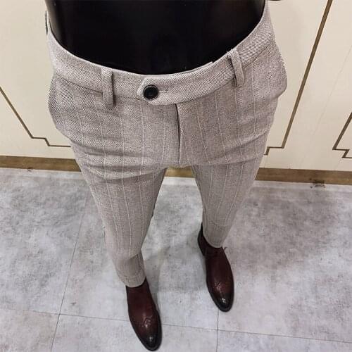 2020 Mens Striped Plus Velvet Suit Trousers Autumn and Winter New Slim Foot Pants Business Formal Pants Fashion Casual Trousers