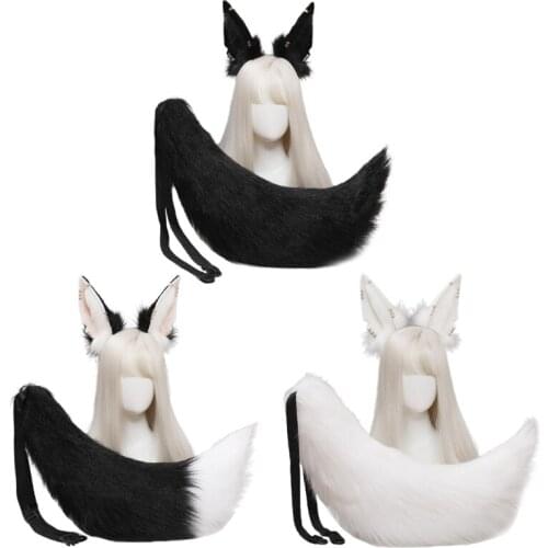 Animal Wolf Ears Headdress Tail Set Plush Handmade Costume Set Anime for Halloween Christmas Cosplay Accessories