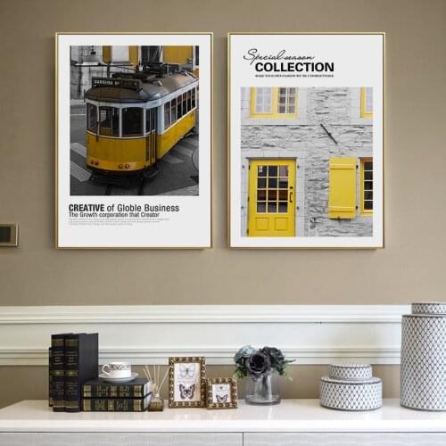 Nordic Style Print City Building Wall Art Canvas Painting Yellow Nostalgic Train Bike Door Poster Quotes Picture for Living Room