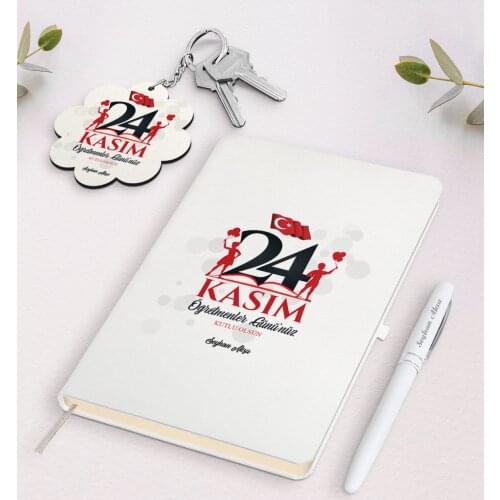 Personalized Teachers Days Happy White Notebook Pen and Keychain Gift Seti-2