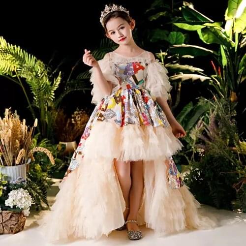 Flower Girl Dresses Sequined Short O-Neck Off The Shoulder Princess Knee-Length Tulle Lace Luxury Champagne Kids Party Gown H452