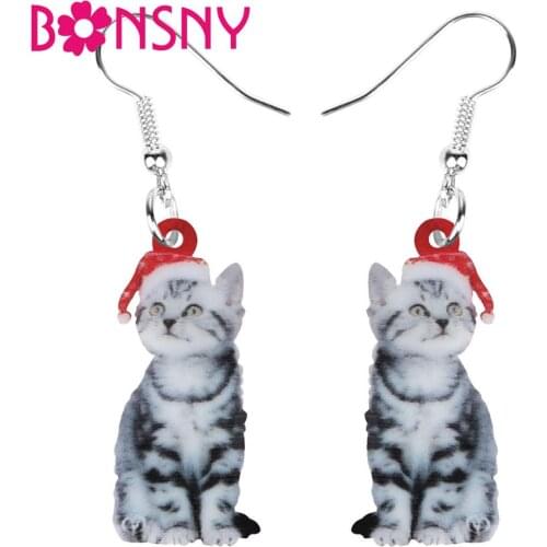 Bonsny Acrylic Christmas Hat Egyptian Cat Kitten Earrings Drop Dangle Animal Jewelry For Women Girls Teens Charm Gift Accessory