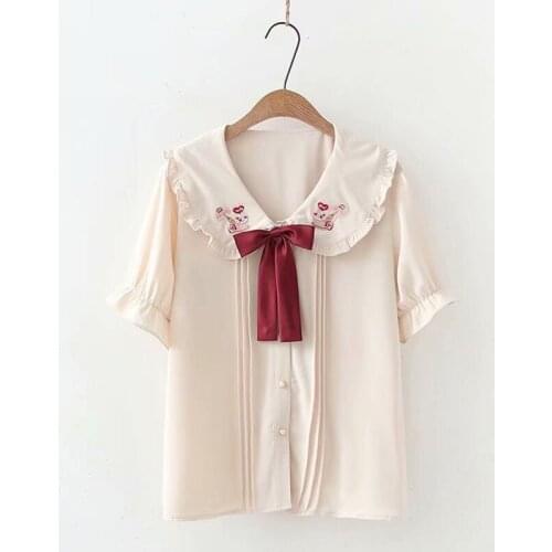 Cute Button Up Pink Shirts Women Girls Rabbit Ear Collar Ruffle White JK School Uniform Tops Chiffon Kawaii Bow Fashion Blouse