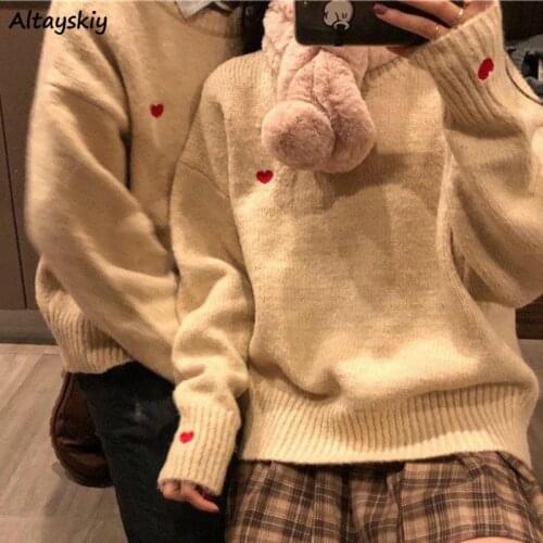 Sweaters Pullovers Women Embroidery Knitted O-neck Plus Size S-3XL Loose Leisure Korean Style Couples Jumpers All-match Ulzzang